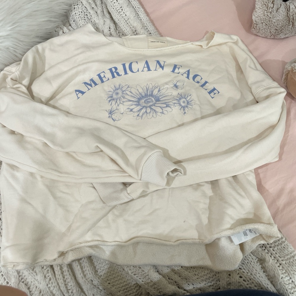 American eagle hand cut cropped off the shoulder crewneck